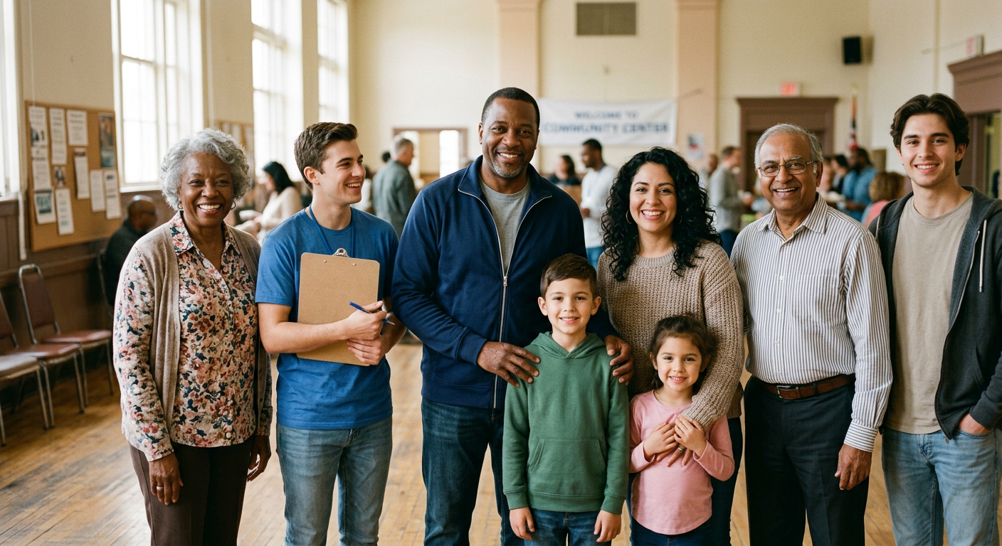 A diverse group of community members of different ages smiling together in a bright community hall