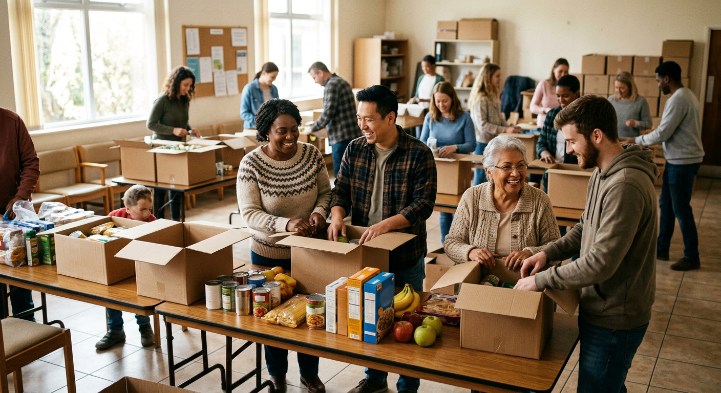 Church volunteers preparing packages together in a community hall