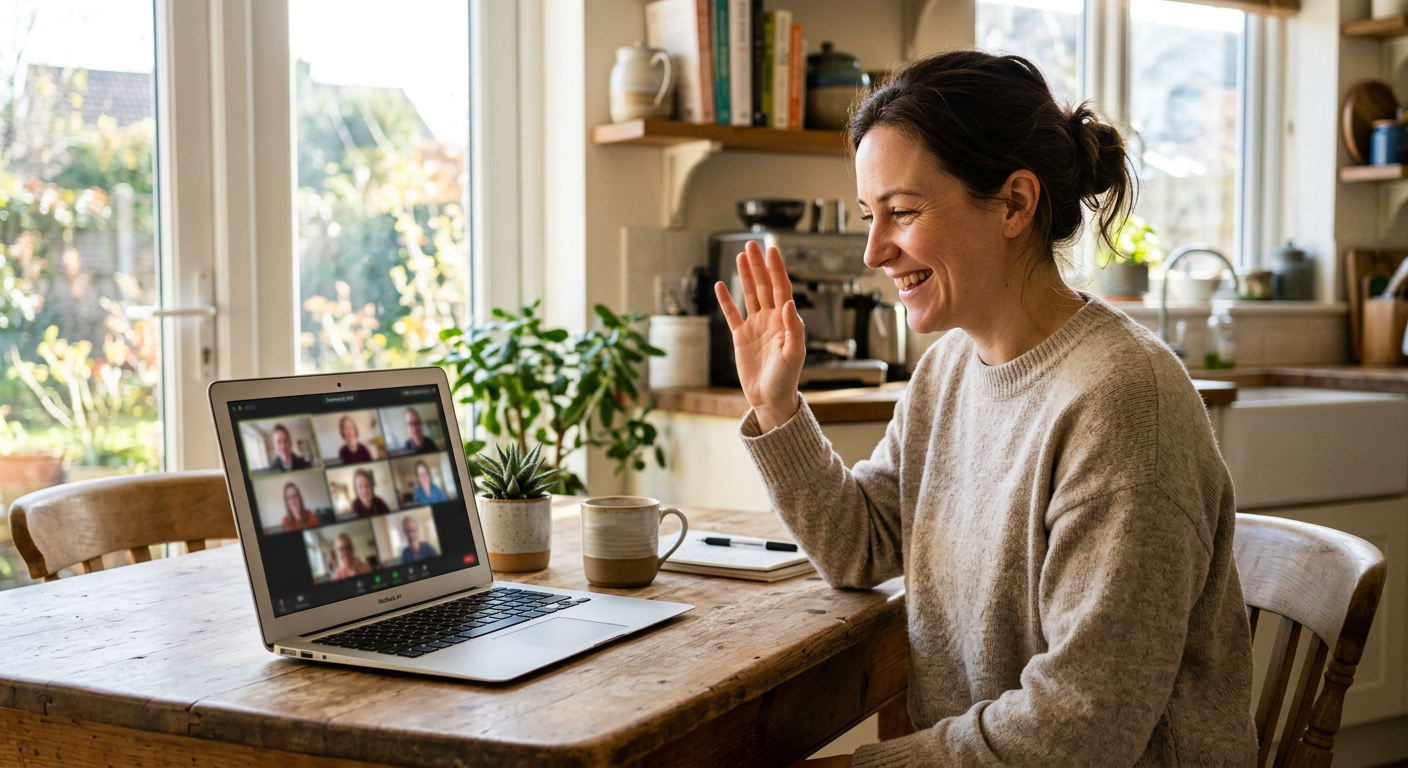 A community member joining a group video call from her kitchen table
