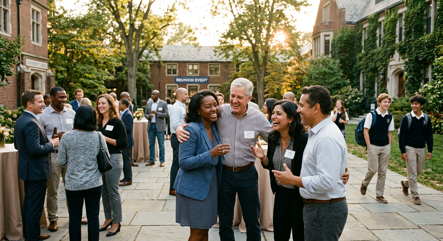 Alumni greeting each other at a campus reunion