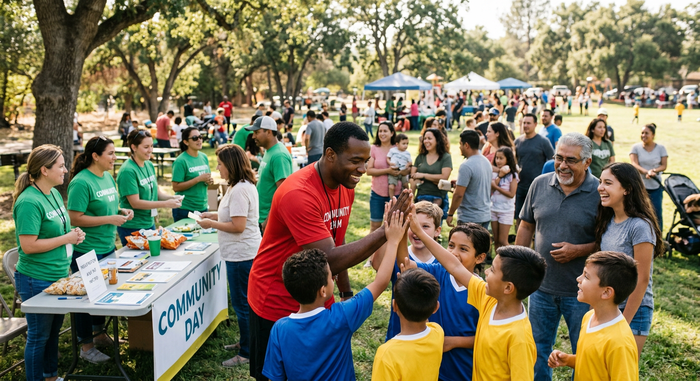 A diverse community gathering outdoors — a coach high-fiving young players while families and volunteers connect